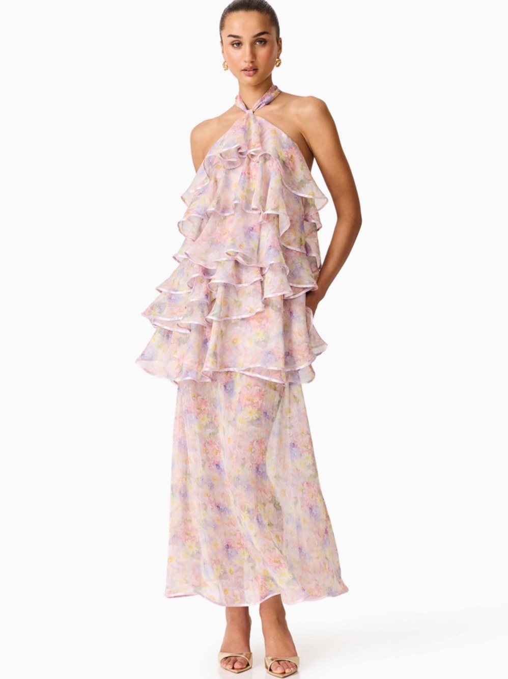 Elliatt Alinda Halter Neck Maxi Dress in Pink Floral size S NWT